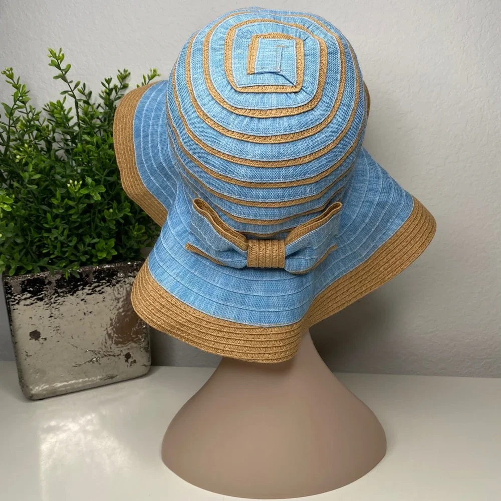 Tahari Womens Wide Brim Floppy Sun Hat Blue Tan Striped Bow‎ Detail Costal Chic